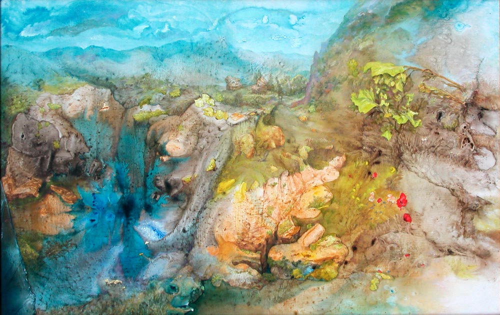 06. Oil and acrylic on Canvas. <strong>Emposium (The bottomless well)</strong> An natural drainage hole found in the Jura, where water escapes from a closed valley. (77cm x 49cm)
