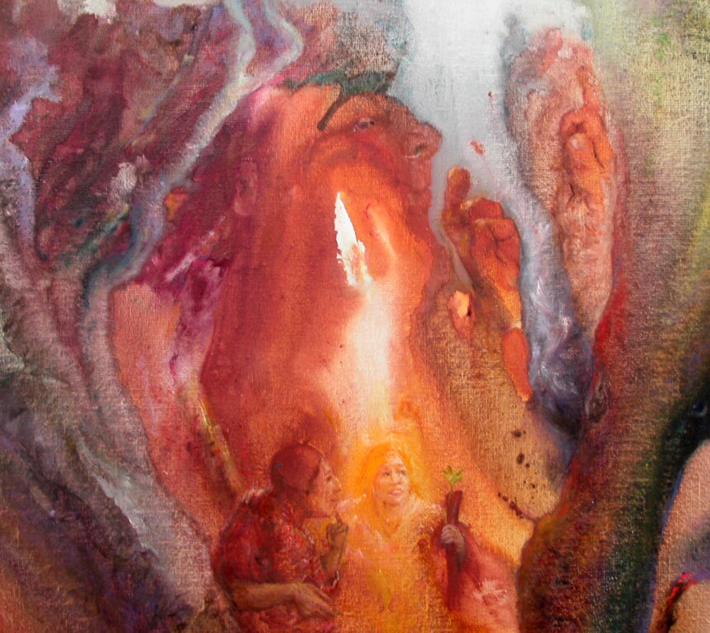  13. Oil and acrylic on Board. <strong>Cave ancestors</strong> Detail. Why did our ancestors go 1.6 kilometers underground, 35’000 years ago, to paint pictures? (97cm x 130cm)