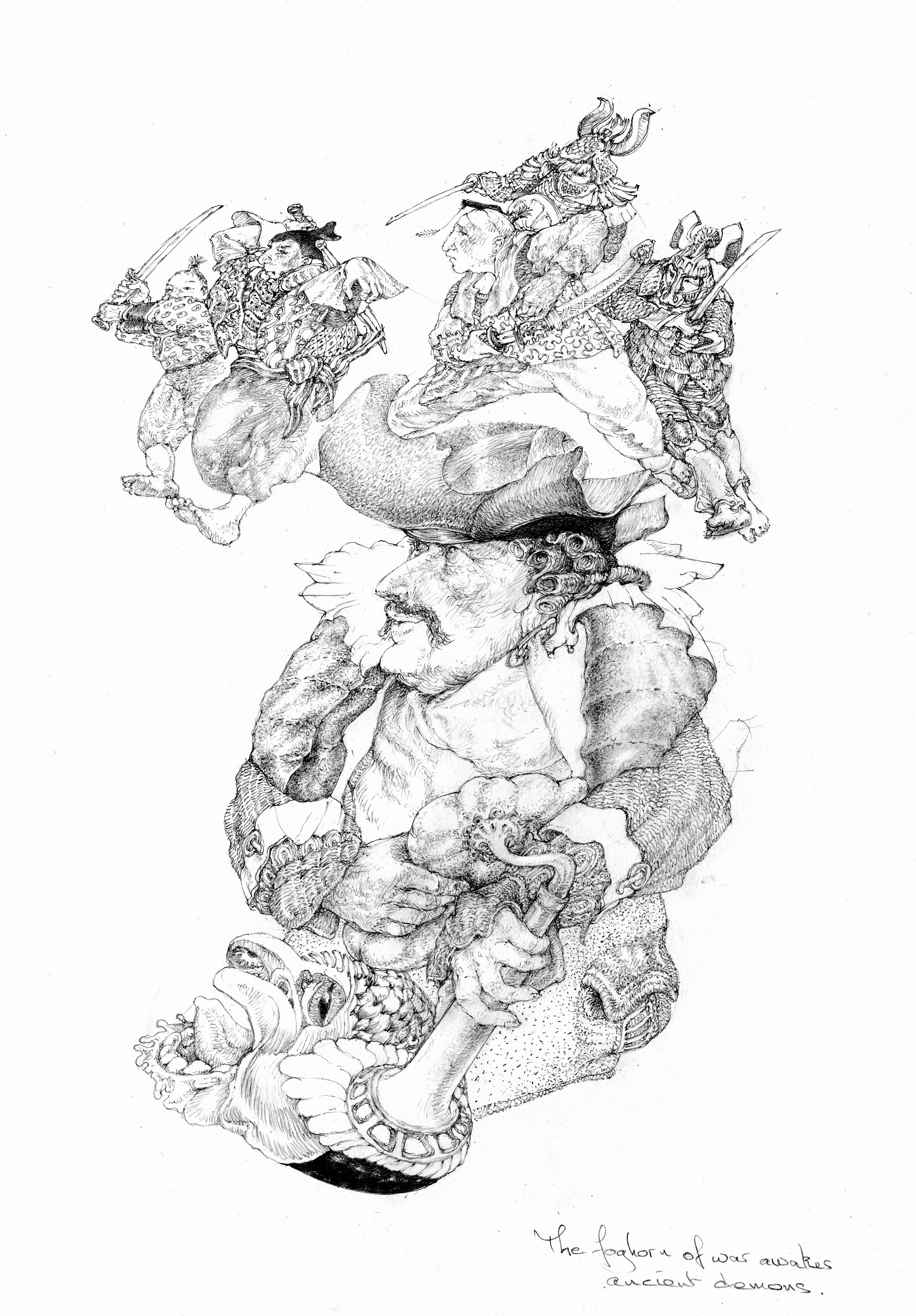 01. Recent drawings series.
<strong>The foghorn of war, awakens ancient demons.</strong>
Several Samurai are called into action by the noise of war. 
(2b Pencil drawing, A3. 180grm. Canson “Bristol”)