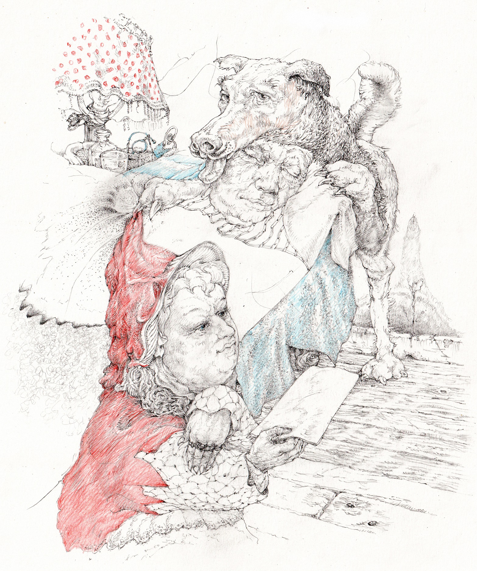 04. Recent drawings series. 
<strong>Little Red Riding Hood reads Gandma’s will. (Plus Ammut. Egypt.)</strong>
First things first.  Getting priorities right.
(2b Pencil and colour crayon drawing, A3. 180grm. Canson “Bristol”)
