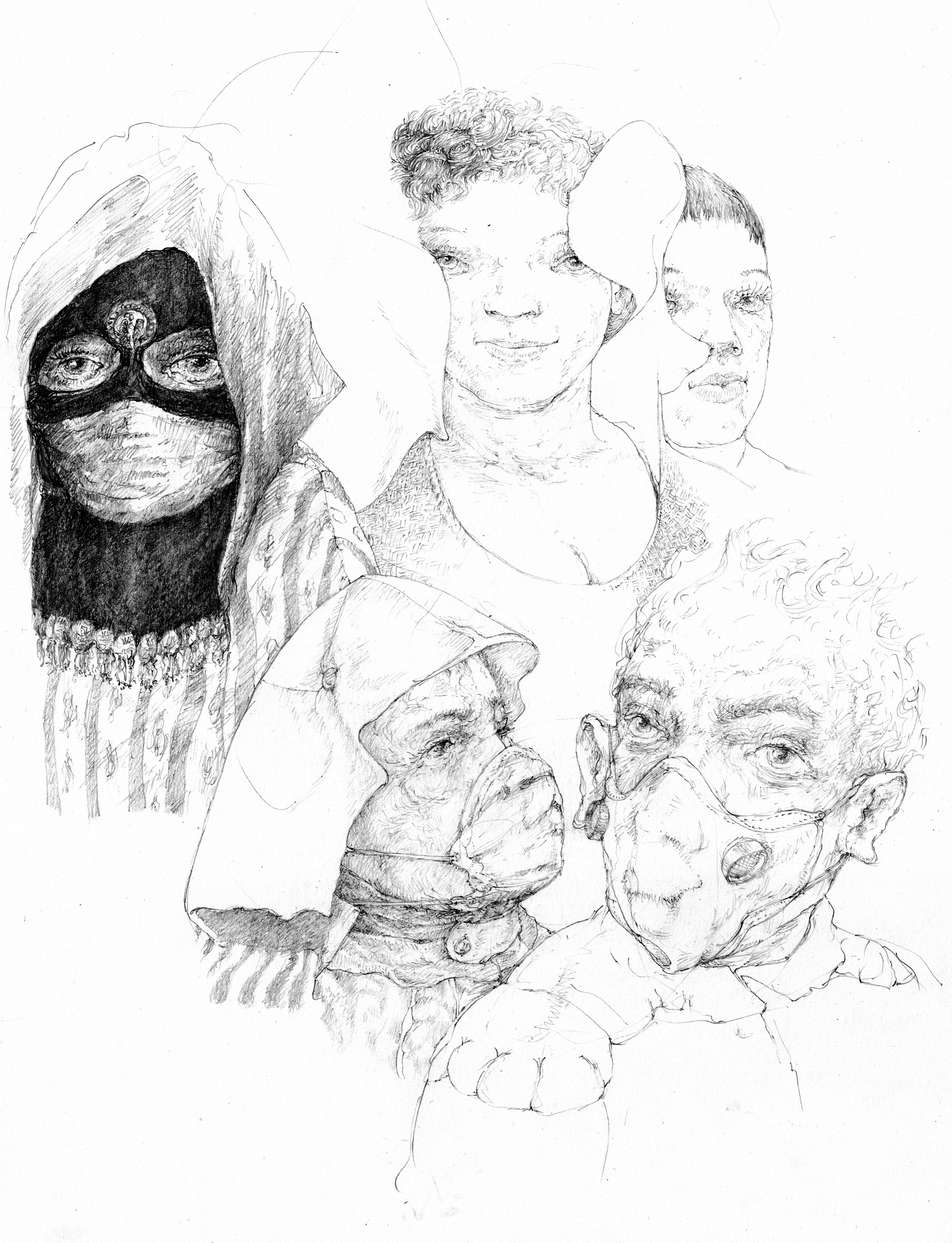12. Recent drawings series 
<strong>Masks </strong>
Contrasts and similarities.
(2b Pencil drawing, A3. 180grm. Canson “Bristol”)