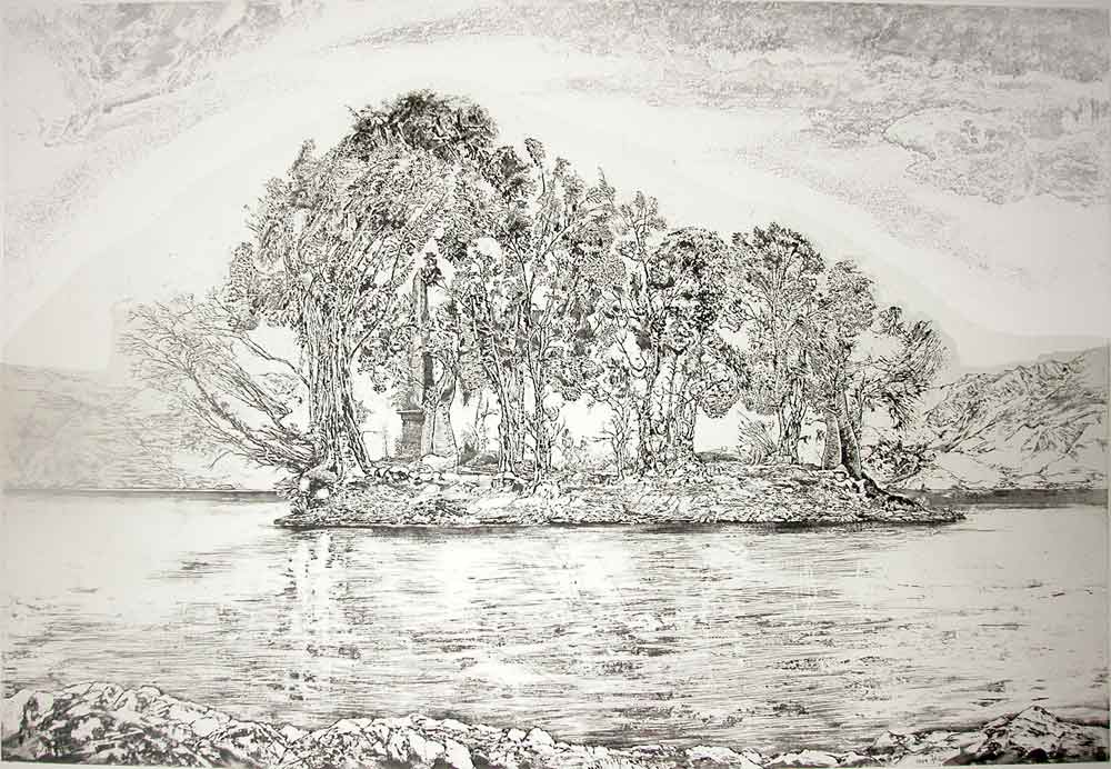 05. Island etching series 
<strong>Ile de la Harpe</strong>
An island off Rolle, (Lake of Geneva). Constructed in honour of General de la Harpe.
Part of the series « Islands of Lake Geneva »
(Etching, 94 x 64 cm. Image. (paper 120-80. Edition of 20 + 3EA) 