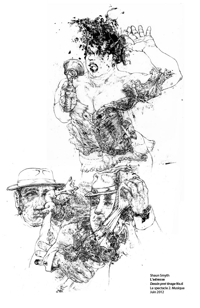 09. Vanity and spectacles 
<strong>The show and the music.</strong>
The singer with two musicians, - a little bit « Folksy » ie. Cuban, Romanian or similar.
With music said to be «popular», as an alternative to music supposed to be» serious».
(Ink brush drawing, A3)