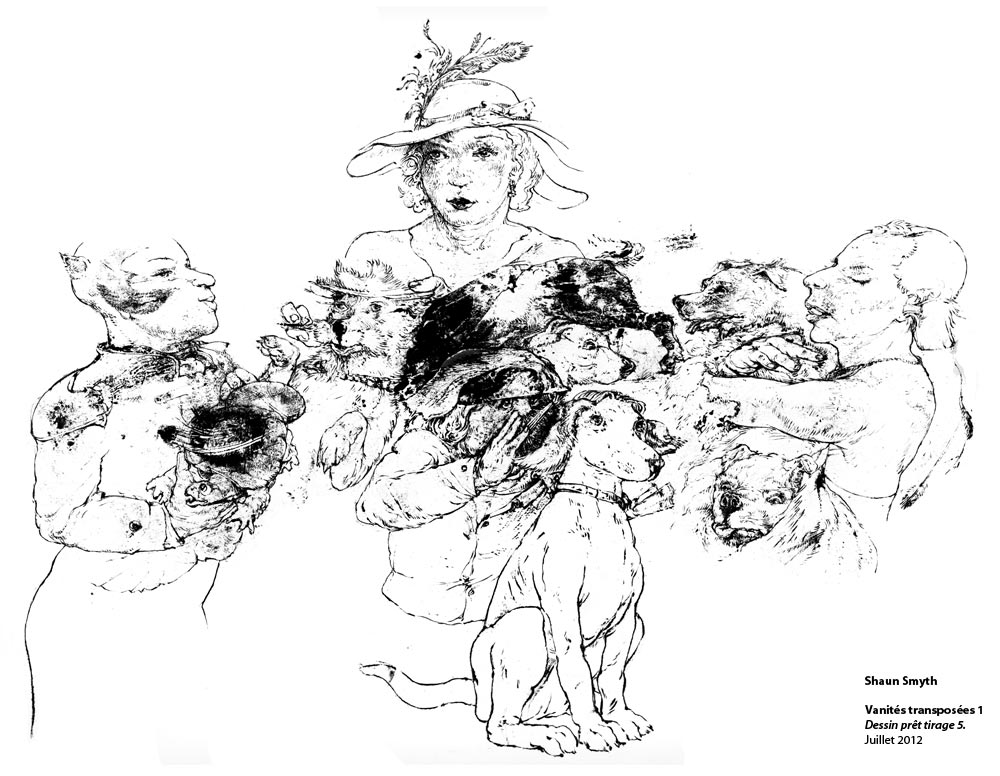 10. Vanity and spectacles. 
<strong>The Dog Salon (bitches).</strong>
How close are we to our four-legged friends? Is it vanity or fashion to change our best friends into an object of luxury? The identification between the dog and its owner.
(Ink brush drawing, A3)