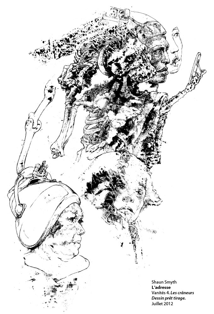 12. Vanity and spectacles. 
<strong>The bigheads.</strong>
Hairdressers lounge. Spherical hairdryers and round skulls.
After «Death and the maiden» by Grunewald. (And others)
(Ink brush drawing, A3)